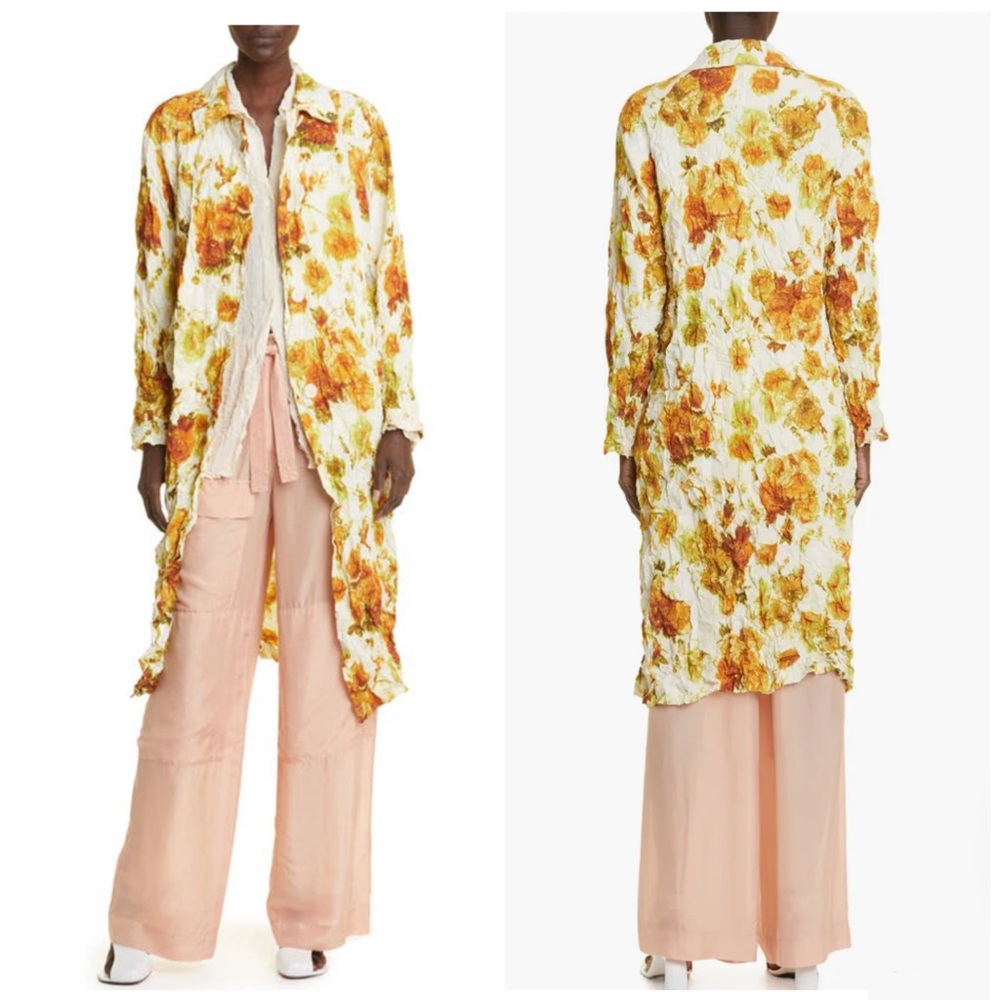 DRIES VAN NOTEN Raltonas Crush Crinkled Floral Coat Designer Medium Retro